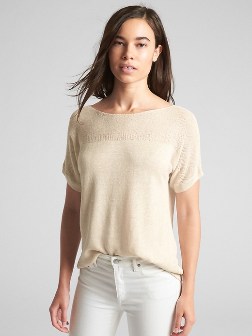 View large product image 1 of 1. Short Sleeve Textured Sweater in Linen-Rayon