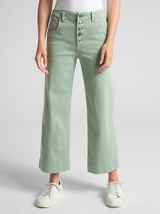 Image number 1 showing, High Rise Crop Wide-Leg Pants with Button-Fly