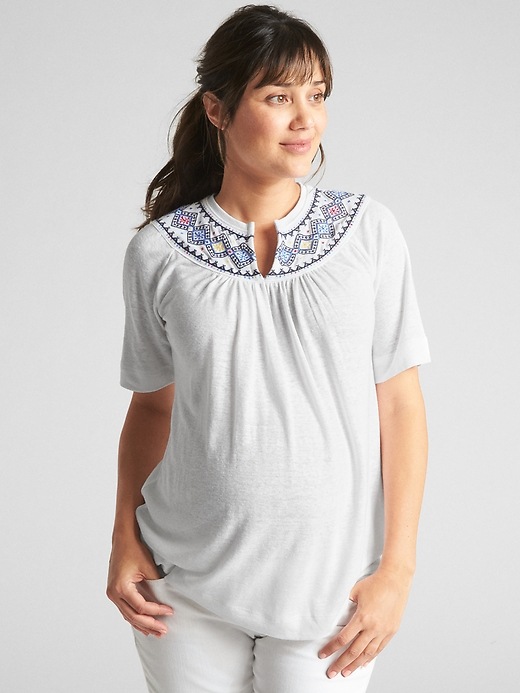 Image number 1 showing, Maternity Short Sleeve Embroidered Smock Top