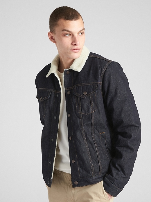 1 of 8 showing, with the color dark rinse of product Sherpa-Lined Icon Denim Jacket