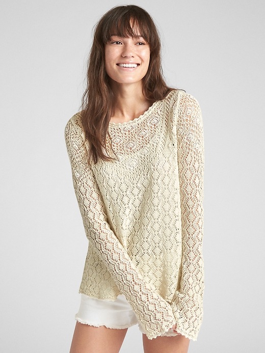 Image number 1 showing, Crochet Pullover Crewneck Sweater with Metallic Detail