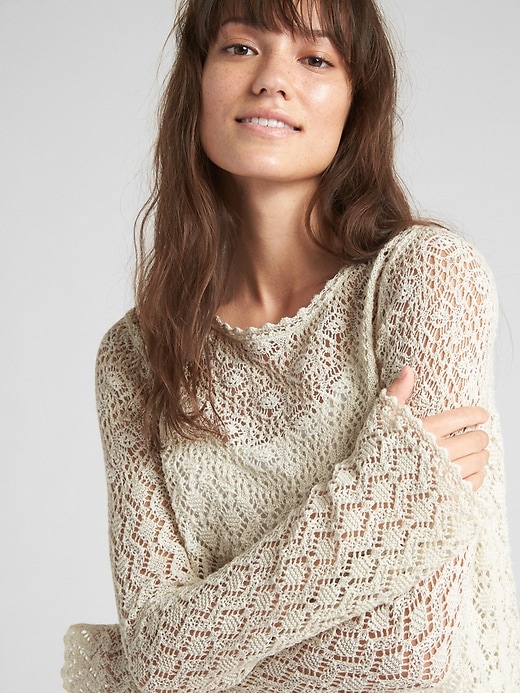 Image number 5 showing, Crochet Pullover Crewneck Sweater with Metallic Detail