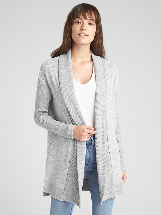 View large product image 1 of 1. Softspun Open-Front Shawl Collar Cardigan Sweater