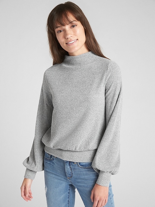 View large product image 1 of 1. Softspun Ribbed Blouson Sleeve Mockneck Top