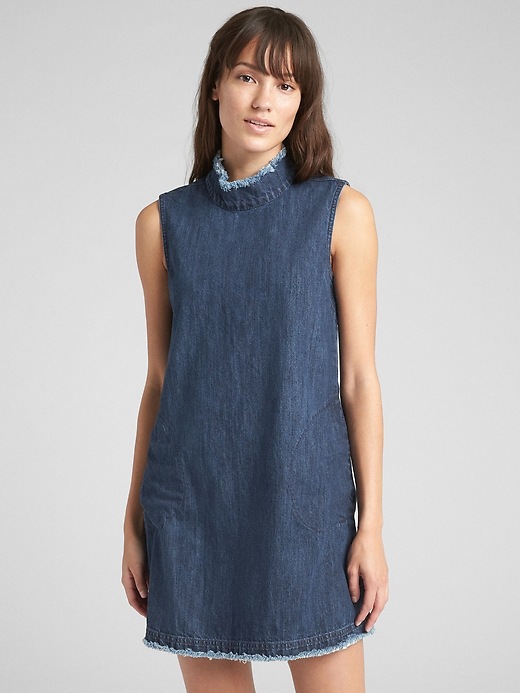 Sleeveless Mockneck Shift Dress in Denim | Gap