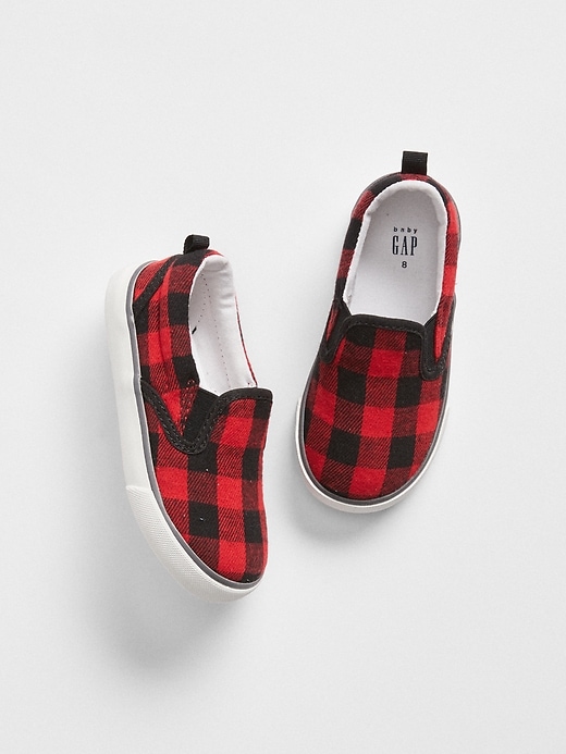 1 of 8 showing, with the color red plaid of product Buffalo Plaid Slip-On Sneakers