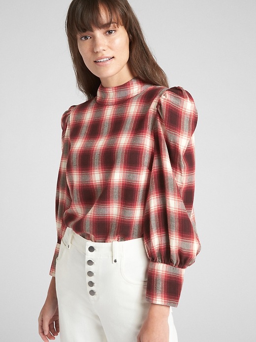 View large product image 1 of 1. Puff-Sleeve Plaid Mockneck Top