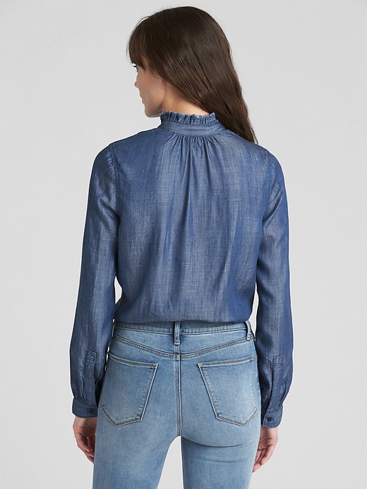 2 of 8 showing, with the color medium wash of product Ruffle Tie-Neck Shirt in TENCEL™