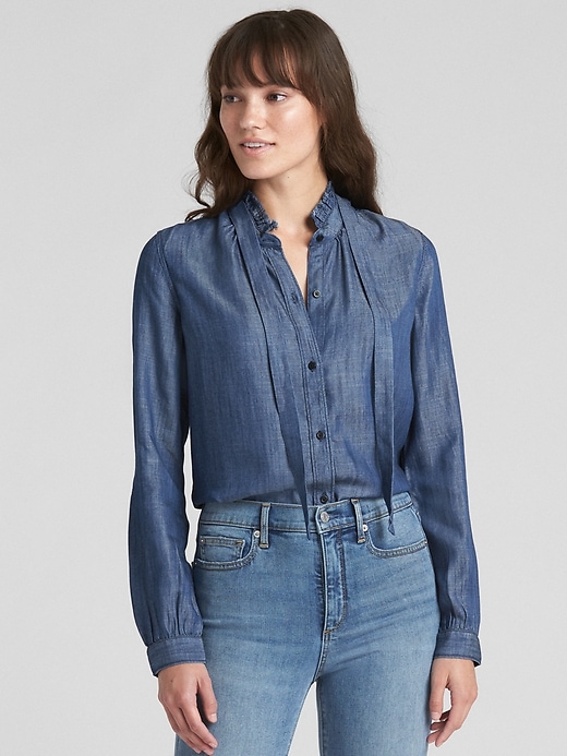 Image number 1 showing, Ruffle Tie-Neck Shirt in TENCEL&#153