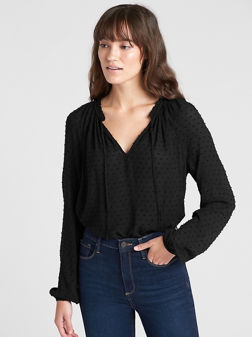 Image number 7 showing, Ruffle V-Neck Blouse in Swiss Dot