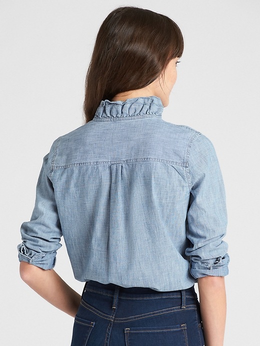 Image number 2 showing, Ruffle-Trim Long Sleeve Shirt in Chambray