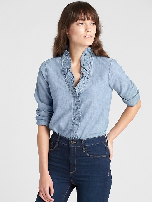 Image number 1 showing, Ruffle-Trim Long Sleeve Shirt in Chambray