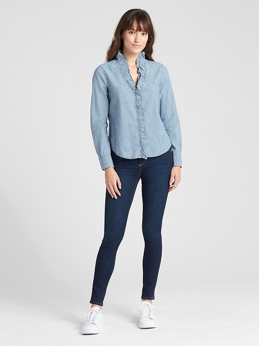 Image number 3 showing, Ruffle-Trim Long Sleeve Shirt in Chambray