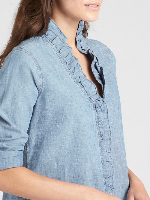 Image number 5 showing, Ruffle-Trim Long Sleeve Shirt in Chambray