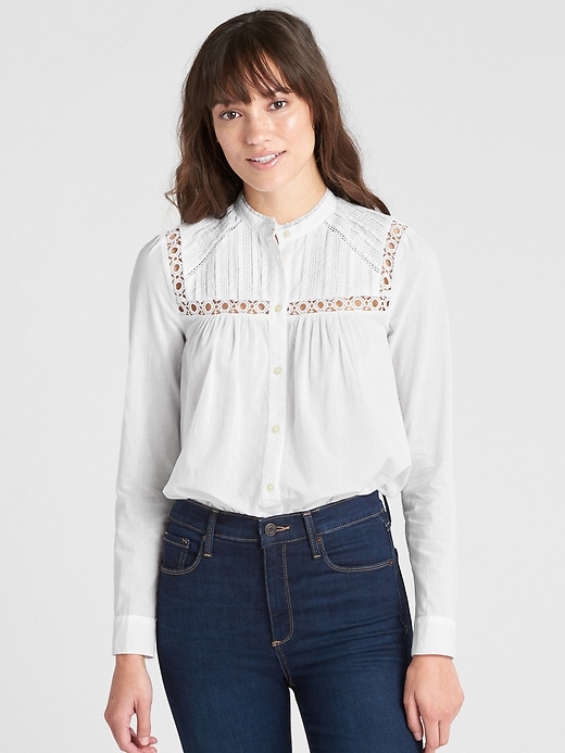View large product image 1 of 1. Pintuck Mockneck Lace-Trim Blouse