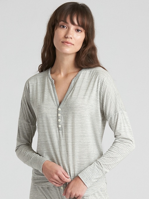 1 of 8 showing, with the color grey stripe of product Long Sleeve Print Henley in Modal