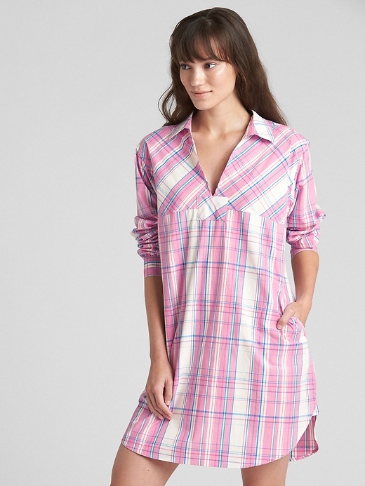 1 of 8 showing, with the color pink plaid of product Poplin Sleep Shirtdress with Embroidered Detail