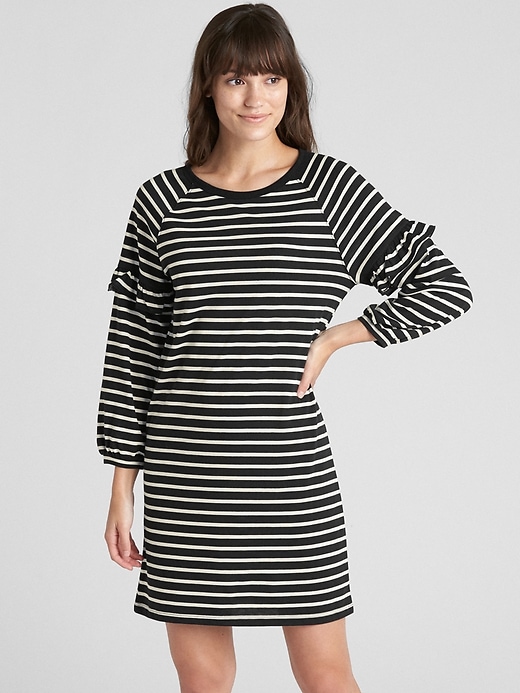 1 of 8 showing, with the color black stripe of product Ruffle Balloon Sleeve Stripe Dress