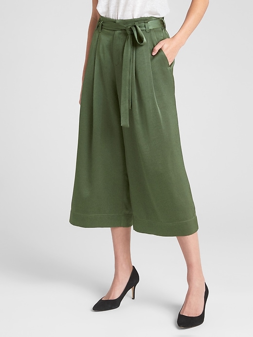1 of 8 showing, with the color green of product Tie-Belt Crop Wide-Leg Pants in Satin