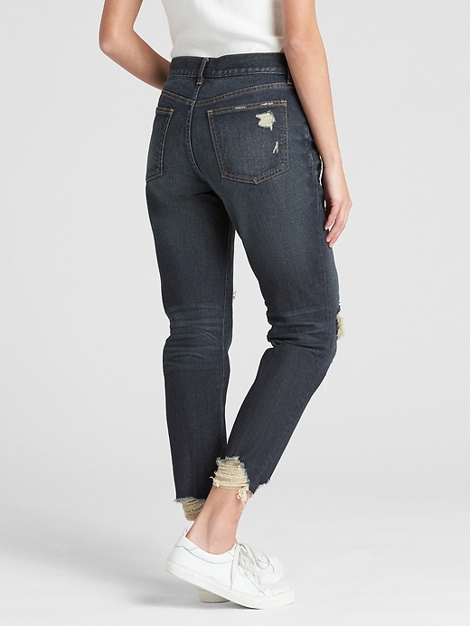 2 of 8 showing, with the color (Dark) Dark Indigo Distressed of product Mid Rise Girlfriend Jeans in Distressed