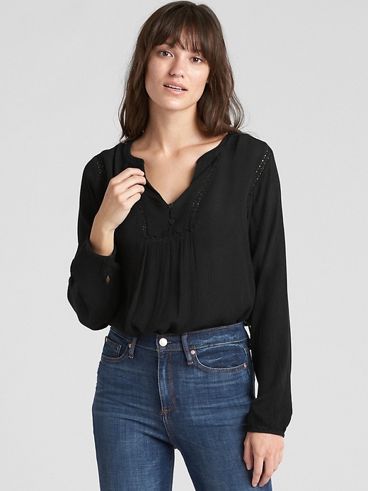 Image number 1 showing, Crinkle Long Sleeve Lace-Trim Blouse