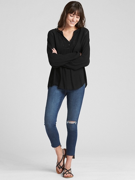 Image number 3 showing, Crinkle Long Sleeve Lace-Trim Blouse