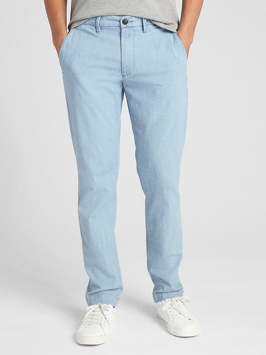 1 of 8 showing, with the color chambray of product Wearlight Chambray Pants in Slim Fit with GapFlex