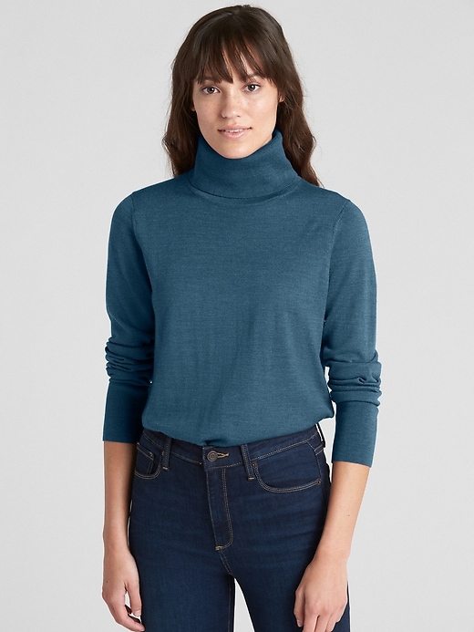 1 of 8 showing, with the color teal of product Turtleneck Sweater in Merino Wool
