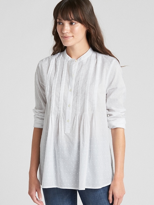 1 of 8 showing, with the color white of product Popover Pintuck Shirt in Swiss Dot