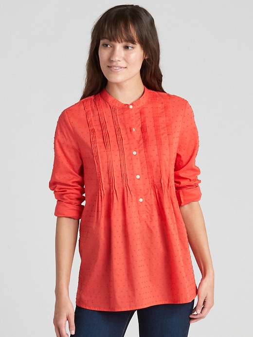 1 of 8 showing, with the color hula red of product Popover Pintuck Shirt in Swiss Dot