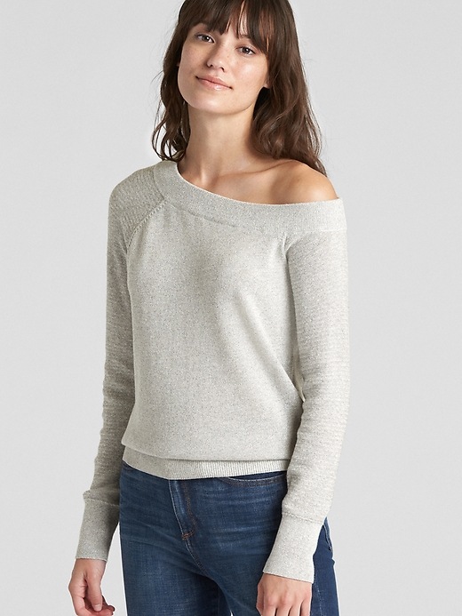 View large product image 1 of 1. Metallic One-Shoulder Pullover Sweater