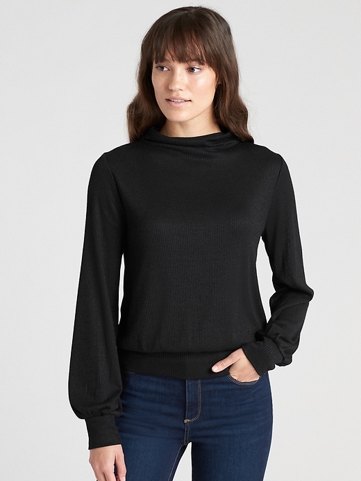 View large product image 1 of 1. Softspun Ribbed Blouson Sleeve Mockneck Top