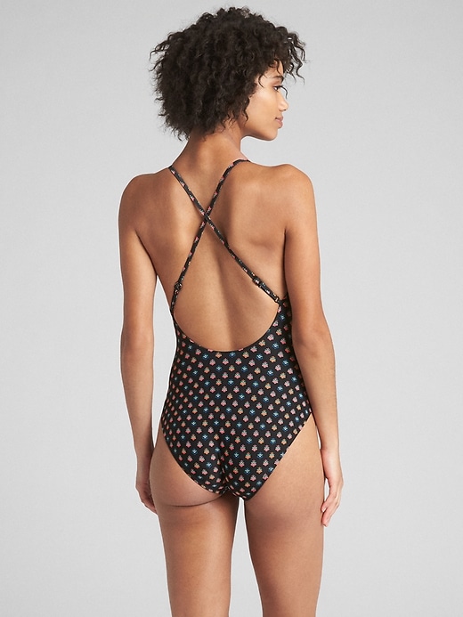 2 of 8 showing, with the color ditsy black of product Lace-Up Print Crossback One-Piece Suit