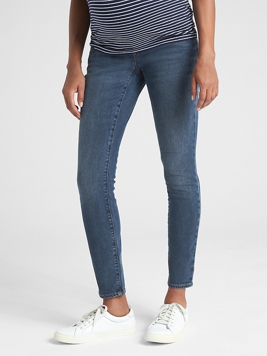 1 of 8 showing, with the color dark wash of product Maternity Soft Wear Full Panel True Skinny Jeans