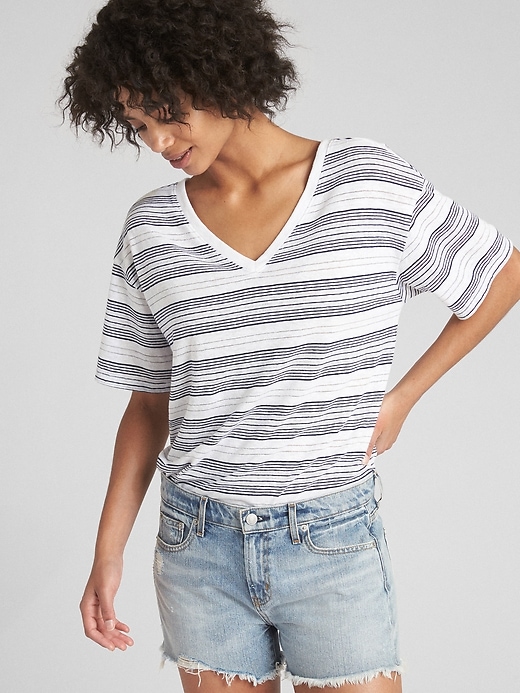 1 of 8 showing, with the color blue & white stripe of product Short Sleeve Stripe V-Neck T-Shirt
