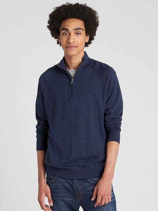 Image number 1 showing, Half-Zip Mockneck Pullover Sweater in Merino Wool