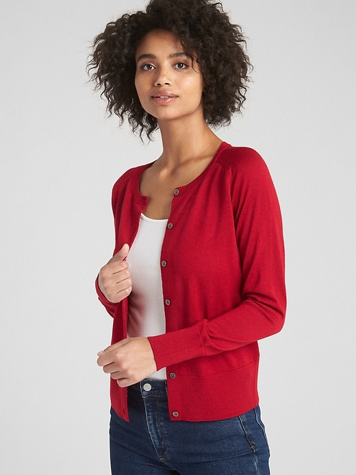 1 of 8 showing, with the color red apple of product Cardigan Sweater in Merino Wool