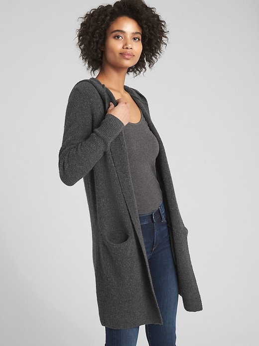 Image number 1 showing, Textured Open-Front Hooded Cardigan Sweater