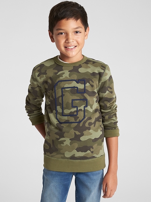 2 of 8 showing, with the color green camo of product Logo Graphic Pullover Sweater