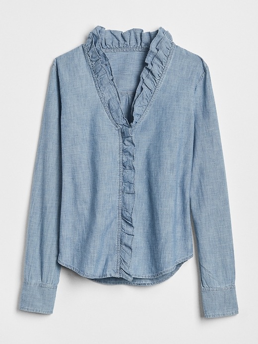 Image number 6 showing, Ruffle-Trim Long Sleeve Shirt in Chambray