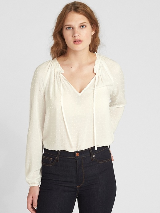 Image number 8 showing, Ruffle V-Neck Blouse in Swiss Dot