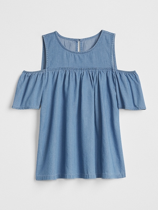 1 of 8 showing, with the color medium indigo of product Denim Ruffle Cold-Shoulder Top