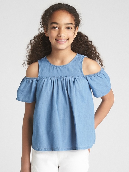 2 of 8 showing, with the color medium indigo of product Denim Ruffle Cold-Shoulder Top