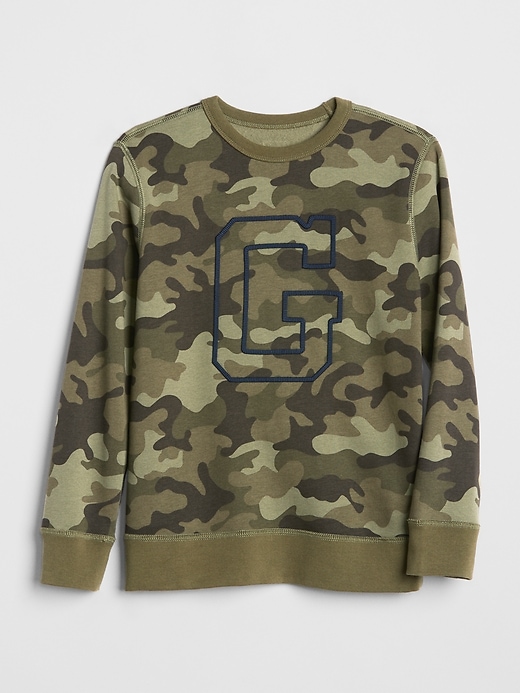 1 of 8 showing, with the color green camo of product Logo Graphic Pullover Sweater