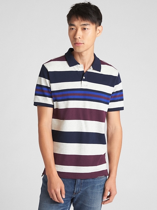 Image number 1 showing, Mix-Stripe Pique Polo Shirt in Stretch