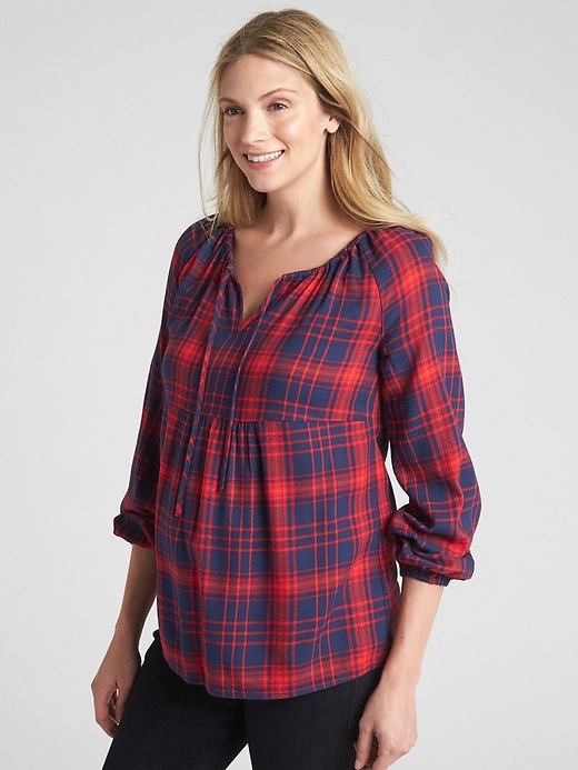 1 of 8 showing, with the color red plaid of product Maternity Split-Neck Plaid Top