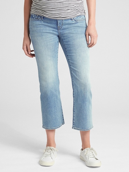 1 of 8 showing, with the color medium wash of product Maternity Full Panel Crop Kick Jeans