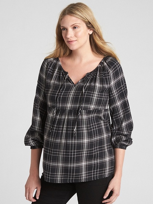 View large product image 1 of 1. Maternity Split-Neck Plaid Top