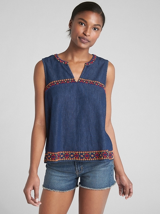 Image number 1 showing, Sleeveless Embroidered Ruffle Top in Denim