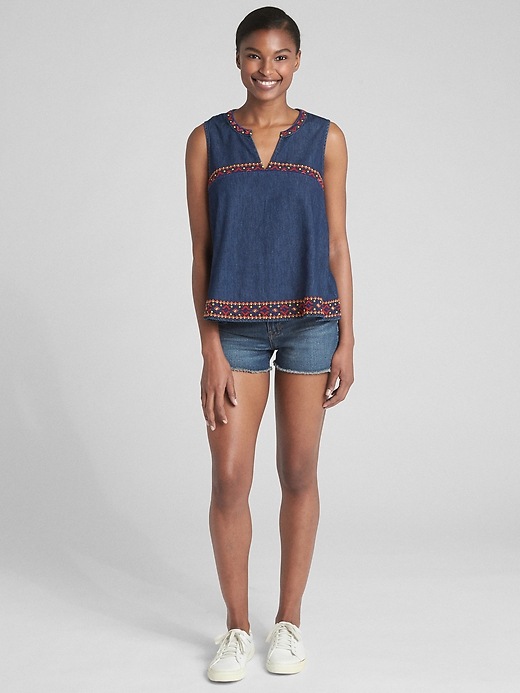 Image number 3 showing, Sleeveless Embroidered Ruffle Top in Denim